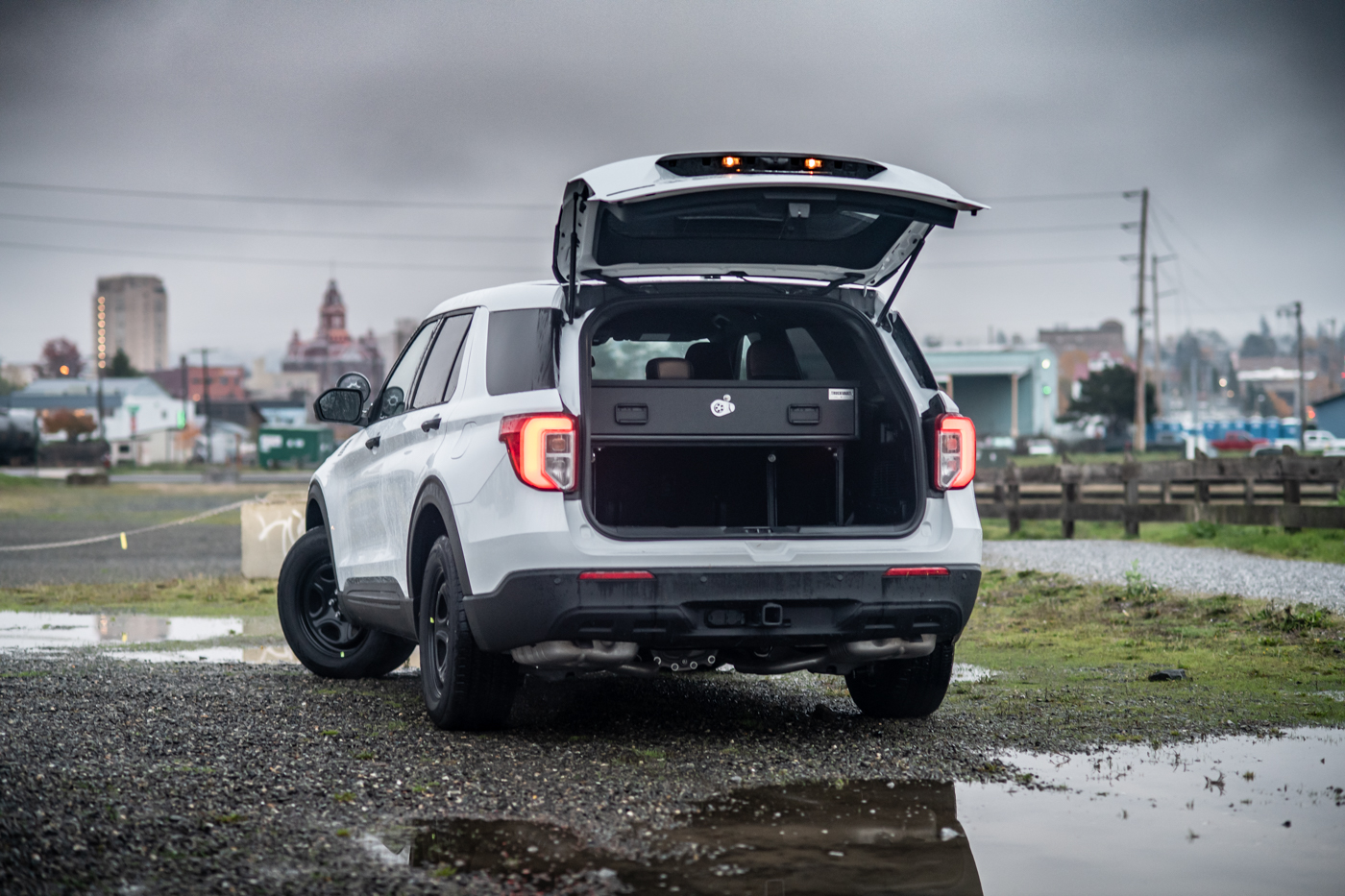 Ford Explorer Police Interceptor Utility rear cargo area with storage system