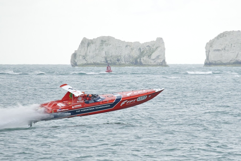 Red FPT passing The Needles, Isle of Wight